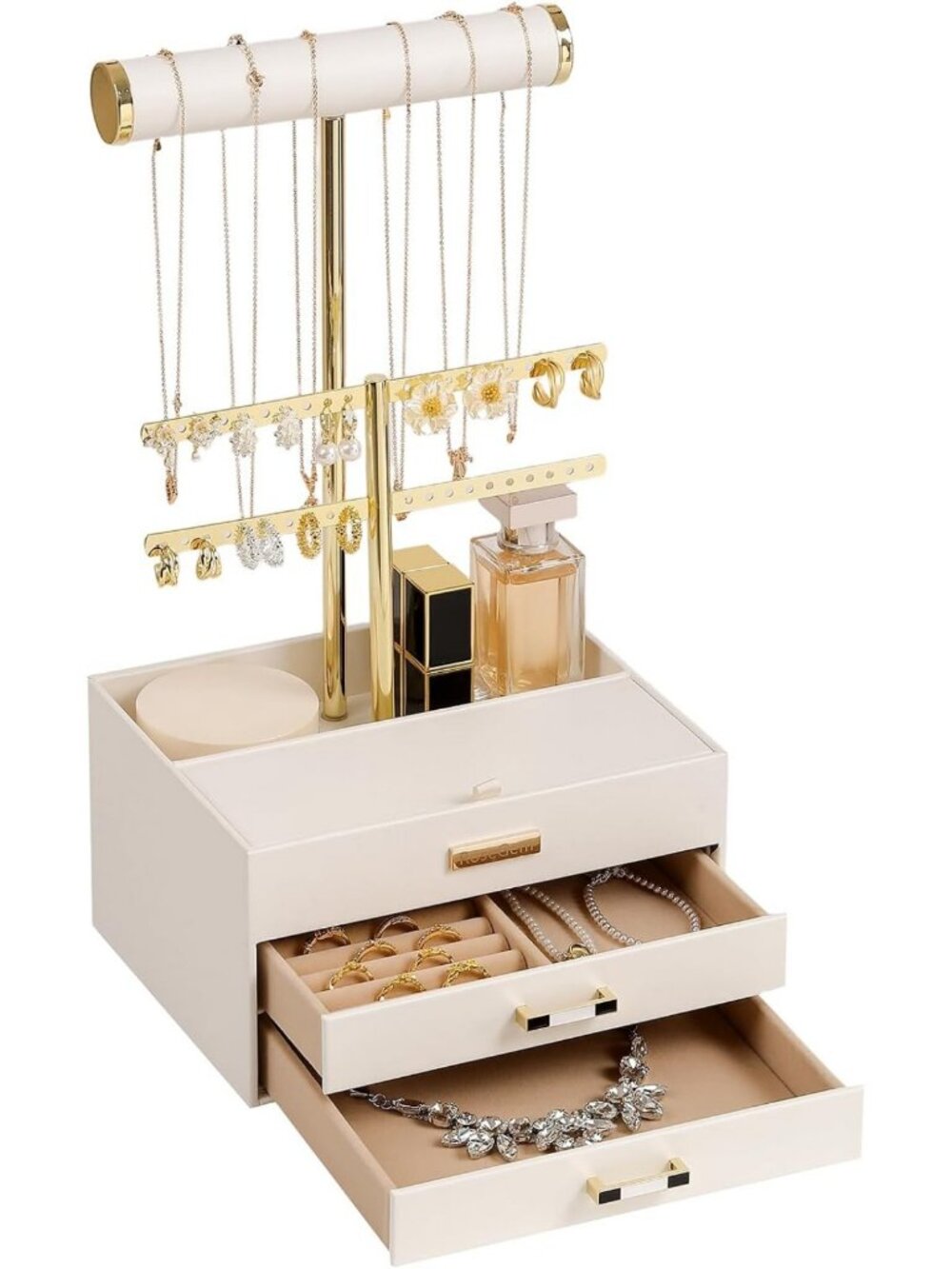 Elegant 2-Tier Jewelry Organizer with Drawer, Detachable Display for Necklaces